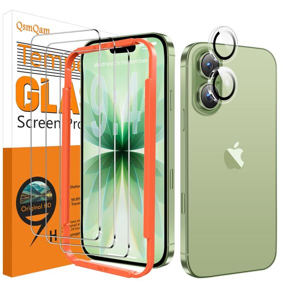 QsmQam für iPhone 17 für Panzerglas 6,3 Zoll [3 Stück] + Kamera Panzer Schutz für Kameraschutz [1 Stück], Militärstandard Bruchsicherer, Ultra Top 9H+ Glas, Mit Hilfsinstallationsgerät