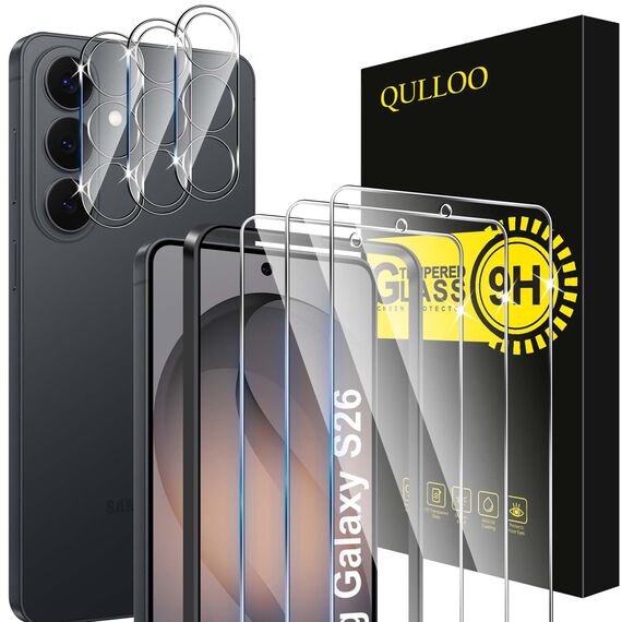 QULLOO Schutzfolie für Samsung Galaxy S26 für Panzerglas, 3 Stück Displayschutz und 3 Stück Kameraschutz, 9H Härte HD Klar Schutzglas mit Montage Rahmen Anti-Kratzen Glas Folie für Galaxy S 26