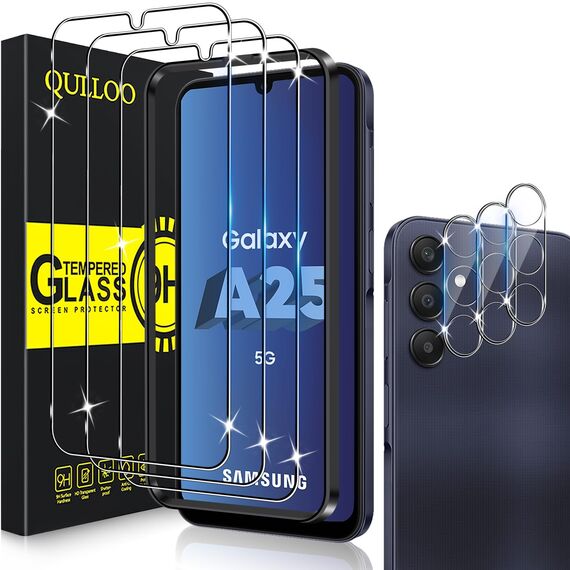 QULLOO Schutzfolie für Samsung Galaxy A25 5G, 3 Stück Displayschutzfolie mit 3 Stück Kameraschutz [9H Härte Gehärtetes Glas ][HD Klar Schutzglas][Anti-Kratzen Folie]