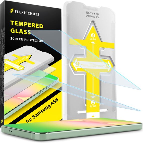 FlexiSchutz® Schutzglas für Samsung Galaxy A56 5G Schutzfolie, Screen Protector, Glas Displayschutzfolie mit Praktischer Installationshilfe, Displayschutz, Glas Folie mit Schablone [2 Stück]