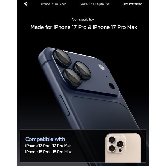 Spigen Glas.tR EZ Fit Optik Pro Kameraschutz kompatibel mit iPhone 17 Pro, iPhone 17 Pro Max, iPhone 15 Pro, iPhone 15 Pro Max, 2 Stück, Tiefblau, Individuelle Kameraprotektion, 9H Härte Folie