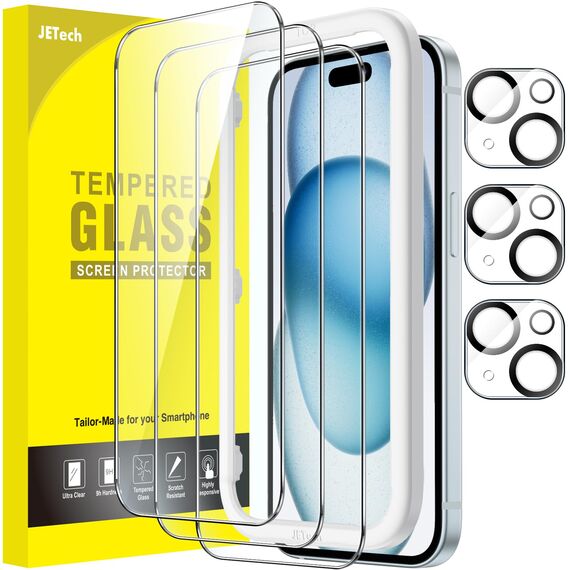 JETech Schutzfolie für iPhone 15 Plus 6,7 Zoll mit Kameraschutz, Blasenfrei, Einfaches Installationswerkzeug, Panzer Schutz Glas Folie Displayschutz, HD Klar, 3 Stück Jeweils