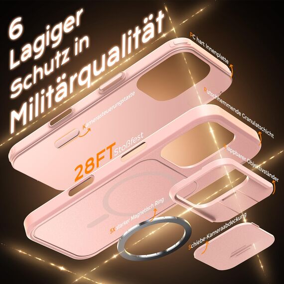 TOCOL für iPhone 16 Pro Hülle für Magsafe mit Ständer, mit verschiebbarem Kameraschutz, Stoßfest Kratzfest schwere Magnetisch Handyhülle für iPhone 16 Pro Case, Rosa