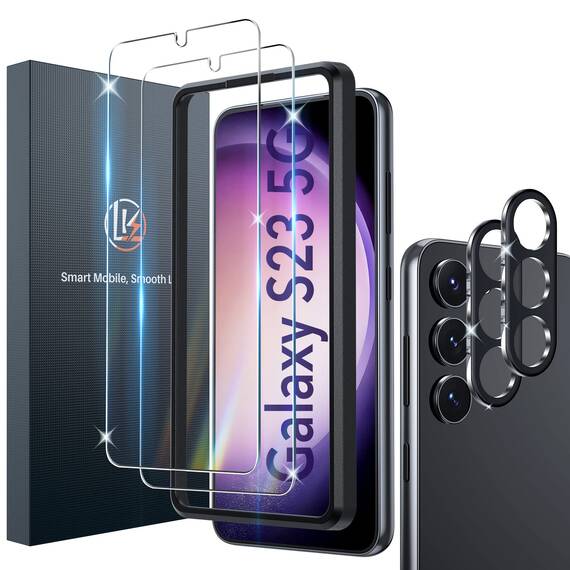 LK Schutzfolie für Samsung Galaxy S23 5G Panzer Schutz Glas, 2 Folie und 2 Kameraglas,[9H Härte Panzerolie], [HD Klar Displayfolie],[Kratzen Rahmen Installationshilfe], [Anti- Kratzer],[Bläschenfrei]