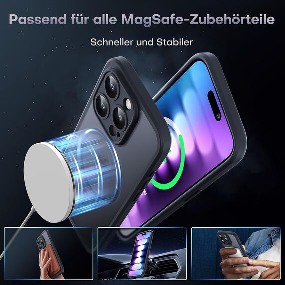 TOCOL 3 in 1 für iPhone 15 Pro Hülle für Mag-Safe, mit 2X Schutzglas [Vollständiger Kameraschutz] [Schutz in Militärqualität] Stoßfest Handyhülle für iPhone 15 Pro Case, Schwarz