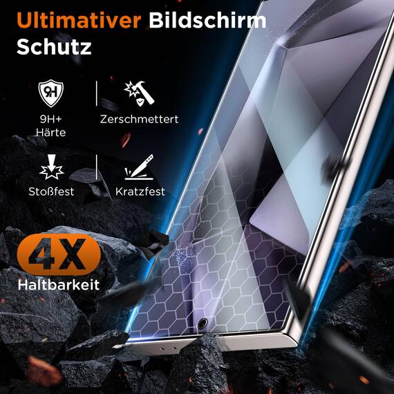 LK 2+2 Stück Schutzfolie für Samsung Galaxy S24 Ultra Panzer Schutz Glas, Frei von Kratzen, 9H Härte Panzerolie, Fingerabdruck-ID Unterstützen mit Rahmen Installationshilfe, HD-Klar Folie