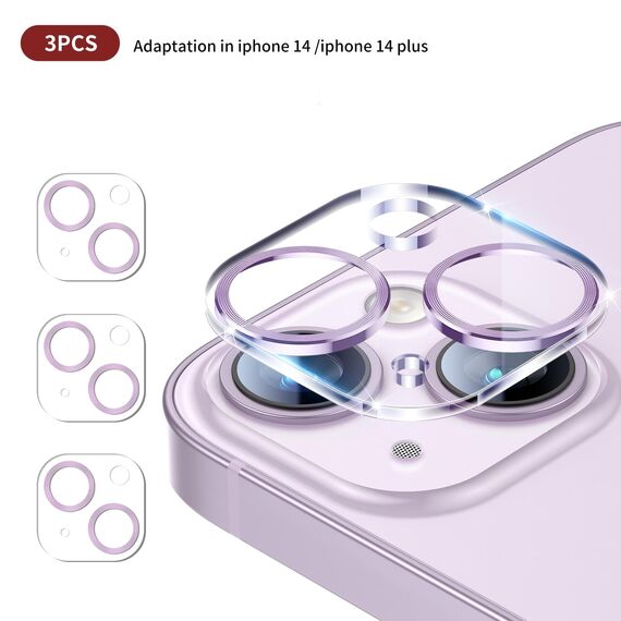 IOPYKKOA 3 Stück Kamera-Schutzglas, kompatibel mit iPhone 14,kompatibel mit iPhone 14 Plus 3D stereoskopische Linsenfolie, kratzfest, 9H Härte, HD, voller Kameraschutz(Lila)