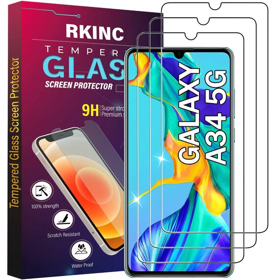 RKINC 3 Stück, Panzerglas Schutz Glas für Samsung Galaxy A34 5G, Panzer HD Displayschutzfolie, 0,33 mm kratzfest, splitterfrei, blasenfrei