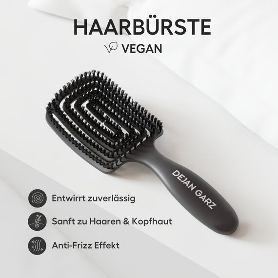 Dejan Garz Bürste mit veganen Borsten Schwarz (1 Stk) – Haarbürste ohne Ziepen für alle Haartypen – Kopfhautschonend – Hair Brush für Glanz & Geschmeidigkeit inkl. Reinigungsbürste