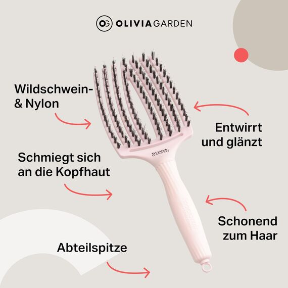 Olivia Garden Fingerbrush Care Iconic - Large - Pastel Pink - Detangler Bürste mit Wildschweinborsten & Nylon für gesundes und glänzendes Haar