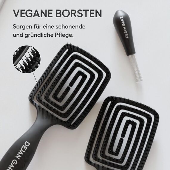 Dejan Garz Bürste mit veganen Borsten Schwarz (1 Stk) – Haarbürste ohne Ziepen für alle Haartypen – Kopfhautschonend – Hair Brush für Glanz & Geschmeidigkeit inkl. Reinigungsbürste