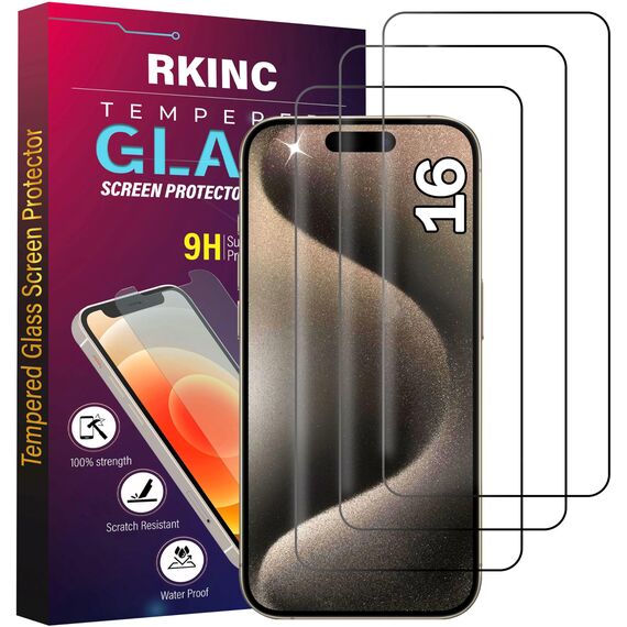 RKINC 3 Stück, Panzerglas Schutz Glas für iPhone 16, Panzer HD Displayschutzfolie, 0,33 mm kratzfest, splitterfrei, blasenfrei, lebenslangeGarantie