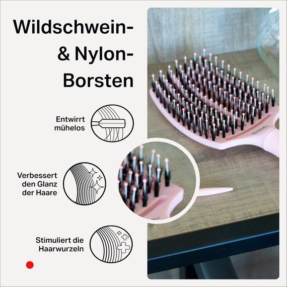 Olivia Garden Fingerbrush Care Iconic - Large - Pastel Pink - Detangler Bürste mit Wildschweinborsten & Nylon für gesundes und glänzendes Haar