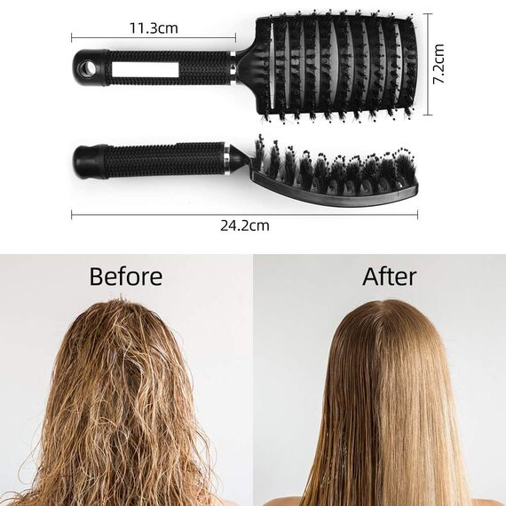 URAQT Haarbürste ohne Ziepen, Profi Entwirrungsbürste mit Griff, Wildschweinborsten Haarstyling Bürste für Lange Feine Dicke Lockige Haare, Schwarz