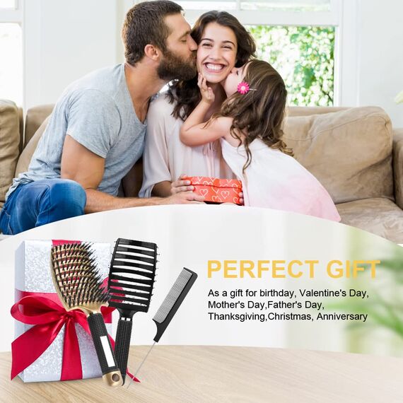 URAQT Haarbürste, Profi Entwirrungsbürste mit Griff, Haarbürste ohne Ziepen, Wildschweinborsten Haarstyling Bürste für Locken Lange Feine Dicke Lockige Haare (L-schwarz+gold)