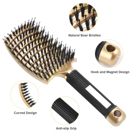 URAQT Haarbürste, Profi Entwirrungsbürste mit Griff, Haarbürste ohne Ziepen, Wildschweinborsten Haarstyling Bürste für Locken Lange Feine Dicke Lockige Haare (L-schwarz+gold)
