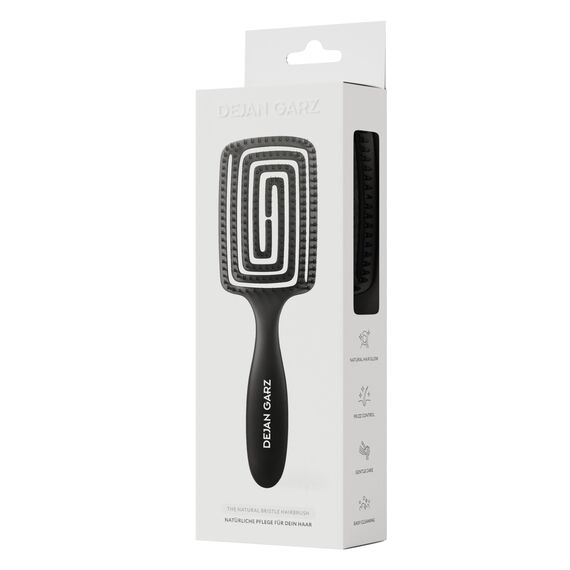 Dejan Garz Bürste mit Wildschweinborsten Schwarz (1 Stk) – Haarbürste ohne Ziepen für feines & mittleres Haar – Hair Brush für Glanz & Geschmeidigkeit inkl. Reinigungsbürste
