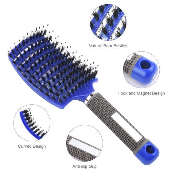 URAQT Haarbürste, Profi Entwirrungsbürste mit Griff, Haarbürste ohne Ziepen, Wildschweinborsten Haarstyling Bürste für Locken Lange Feine Dicke Lockige Haare (Blau)