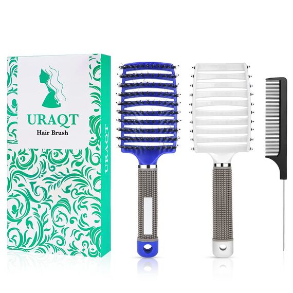 URAQT Haarbürste, Profi Entwirrungsbürste mit Griff, Haarbürste ohne Ziepen, Wildschweinborsten Haarstyling Bürste für Locken Lange Feine Dicke Lockige Haare (O-blau+weiß)