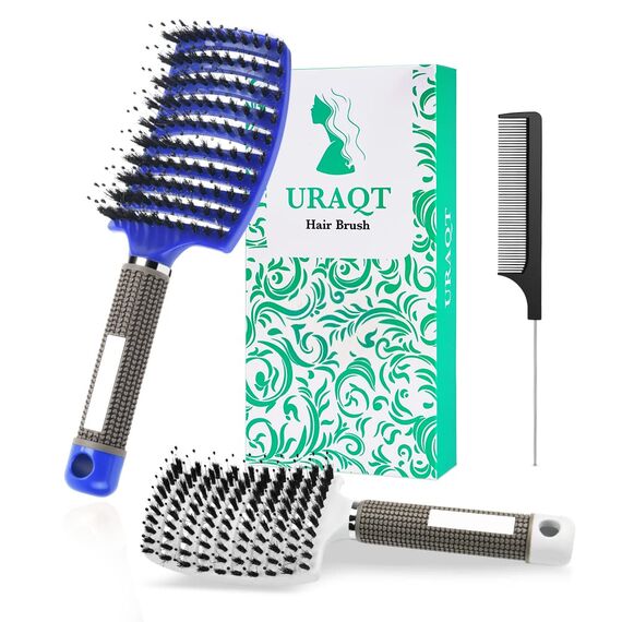 URAQT Haarbürste, Profi Entwirrungsbürste mit Griff, Haarbürste ohne Ziepen, Wildschweinborsten Haarstyling Bürste für Locken Lange Feine Dicke Lockige Haare (O-blau+weiß)