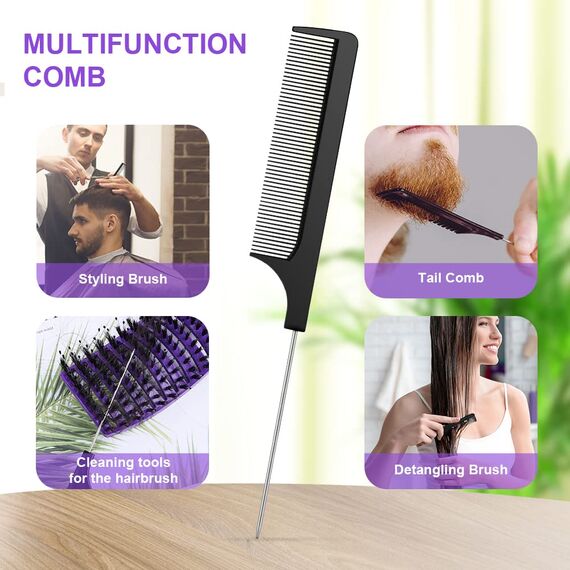 URAQT Haarbürste, Profi Entwirrungsbürste mit Griff, Haarbürste ohne Ziepen, Wildschweinborsten Haarstyling Bürste für Locken Lange Feine Dicke Lockige Haare (N-rot + lila)