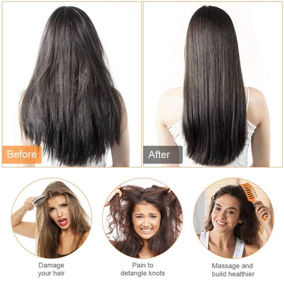 URAQT Haarbürste, Profi Entwirrungsbürste mit Griff, Haarbürste ohne Ziepen, Wildschweinborsten Haarstyling Bürste für Locken Lange Feine Dicke Lockige Haare (K-Orange)