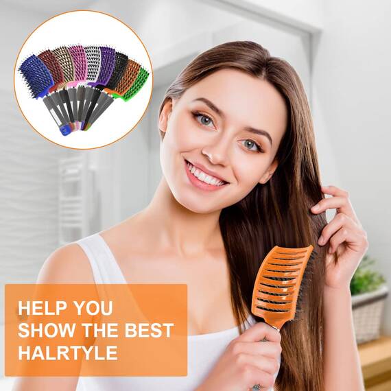 URAQT Haarbürste, Profi Entwirrungsbürste mit Griff, Haarbürste ohne Ziepen, Wildschweinborsten Haarstyling Bürste für Locken Lange Feine Dicke Lockige Haare (K-Orange)