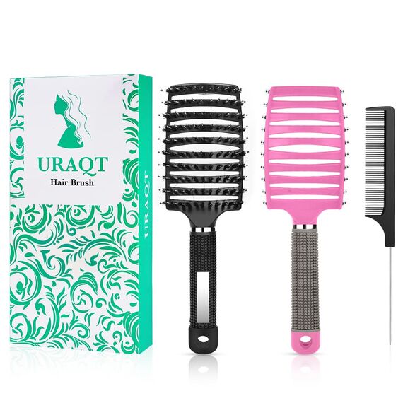 URAQT Haarbürste, Profi Entwirrungsbürste mit Griff, Haarbürste ohne Ziepen, Wildschweinborsten Haarstyling Bürste für Locken Lange Feine Dicke Lockige Haare (M-schwarz+rosa)