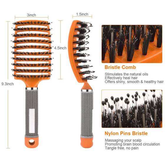 URAQT Haarbürste, Profi Entwirrungsbürste mit Griff, Haarbürste ohne Ziepen, Wildschweinborsten Haarstyling Bürste für Locken Lange Feine Dicke Lockige Haare (K-Orange)