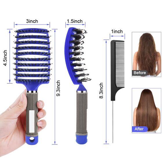 URAQT Haarbürste, Profi Entwirrungsbürste mit Griff, Haarbürste ohne Ziepen, Wildschweinborsten Haarstyling Bürste für Locken Lange Feine Dicke Lockige Haare (O-blau+weiß)