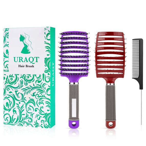 URAQT Haarbürste, Profi Entwirrungsbürste mit Griff, Haarbürste ohne Ziepen, Wildschweinborsten Haarstyling Bürste für Locken Lange Feine Dicke Lockige Haare (N-rot + lila)