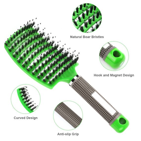 URAQT Haarbürste, Profi Entwirrungsbürste mit Griff, Haarbürste ohne Ziepen, Wildschweinborsten Haarstyling Bürste für Locken Lange Feine Dicke Lockige Haare (P-orange+grün)