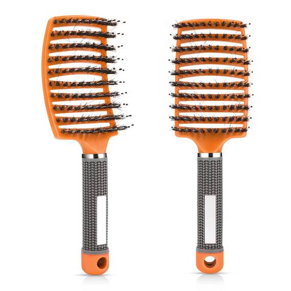 URAQT Haarbürste, Profi Entwirrungsbürste mit Griff, Haarbürste ohne Ziepen, Wildschweinborsten Haarstyling Bürste für Locken Lange Feine Dicke Lockige Haare (K-Orange)