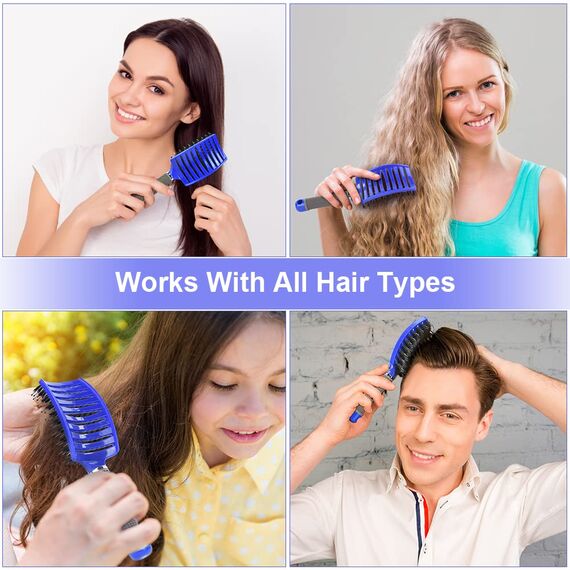 URAQT Haarbürste, Profi Entwirrungsbürste mit Griff, Haarbürste ohne Ziepen, Wildschweinborsten Haarstyling Bürste für Locken Lange Feine Dicke Lockige Haare (Blau)