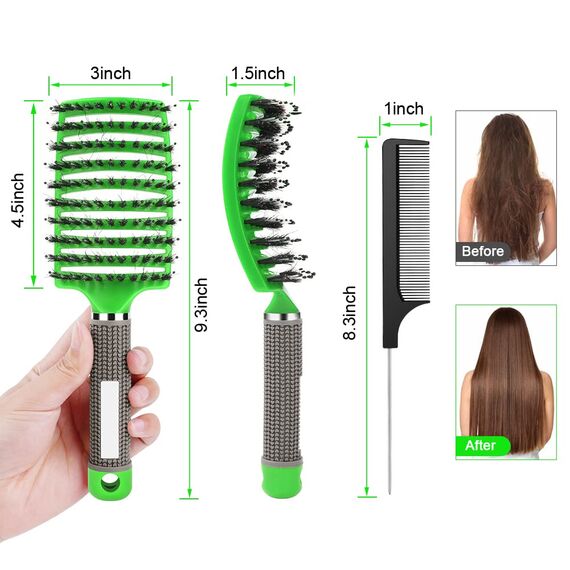 URAQT Haarbürste, Profi Entwirrungsbürste mit Griff, Haarbürste ohne Ziepen, Wildschweinborsten Haarstyling Bürste für Locken Lange Feine Dicke Lockige Haare (P-orange+grün)