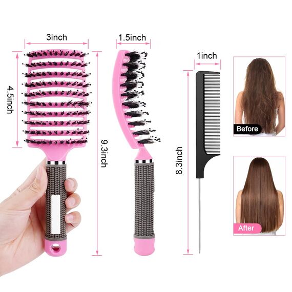 URAQT Haarbürste, 2 Stück Profi Entwirrungsbürste mit Griff, Wildschweinborsten Haarstyling Bürste mit Haarkamm für Lange Feine Dicke Lockige Haare, ohne Ziepen (lila+rosa)