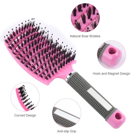 URAQT Haarbürste, Profi Entwirrungsbürste mit Griff, Haarbürste ohne Ziepen, Wildschweinborsten Haarstyling Bürste für Locken Lange Feine Dicke Lockige Haare (Rosa)