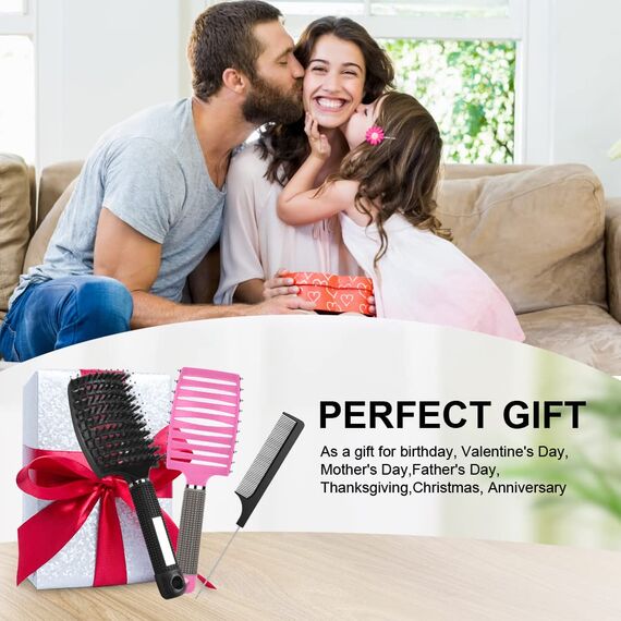 URAQT Haarbürste, Profi Entwirrungsbürste mit Griff, Haarbürste ohne Ziepen, Wildschweinborsten Haarstyling Bürste für Locken Lange Feine Dicke Lockige Haare (M-schwarz+rosa)