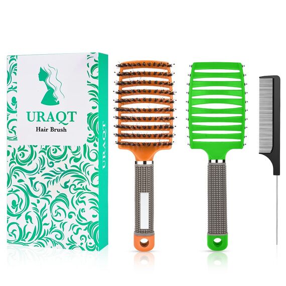 URAQT Haarbürste, Profi Entwirrungsbürste mit Griff, Haarbürste ohne Ziepen, Wildschweinborsten Haarstyling Bürste für Locken Lange Feine Dicke Lockige Haare (P-orange+grün)