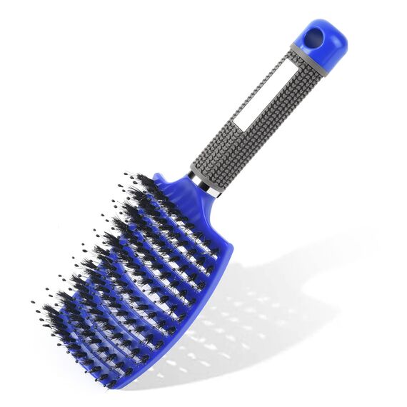 URAQT Haarbürste, Profi Entwirrungsbürste mit Griff, Haarbürste ohne Ziepen, Wildschweinborsten Haarstyling Bürste für Locken Lange Feine Dicke Lockige Haare (Blau)