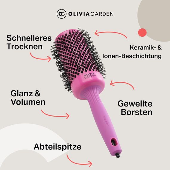 Olivia Garden Expert Blowout Shine – Pink - 55 - Runde, antistatische Keramikbürste für glänzende und frizzfreie Blowouts