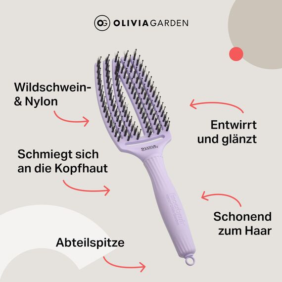 Olivia Garden Fingerbrush Care Iconic - Medium - Lavender - Detangler Bürste mit Wildschweinborsten & Nylon für gesundes und glänzendes Haar