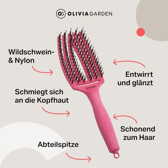 Olivia Garden Fingerbrush Care Iconic - Medium - Hot Pink - Detangler Bürste mit Wildschweinborsten & Nylon für gesundes und glänzendes Haar