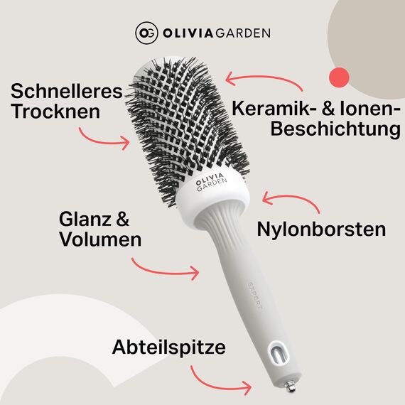 Olivia Garden Expert Blowout Shine - White & Grey - 45 - Keramikbeschichtete Rundbürste für geschmeidiges Ausblasen, krausfreies Haar & strahlenden Glanz