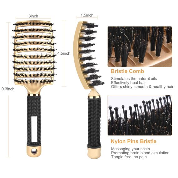 URAQT Haarbürste, Profi Entwirrungsbürste mit Griff, Haarbürste ohne Ziepen, Wildschweinborsten Haarstyling Bürste für Locken Lange Feine Dicke Lockige Haare (Gold)