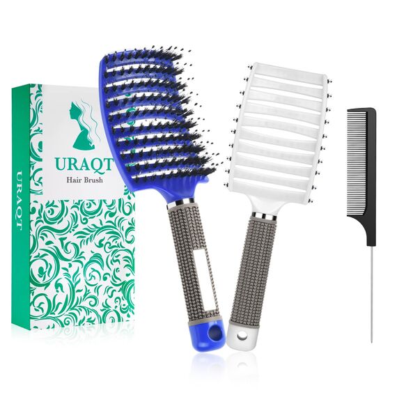 URAQT Haarbürste, Profi Entwirrungsbürste mit Griff, Haarbürste ohne Ziepen, Wildschweinborsten Haarstyling Bürste für Locken Lange Feine Dicke Lockige Haare (O-blau+weiß)