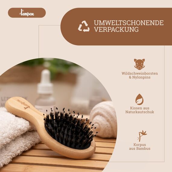 lampox Kinder Haarbürste Bambus mit Wildschweinborsten Kopfmassage Haarpflege, Entwirrbürste für lange Haare & Locken von Damen, Herren & Kinder, Massagebürste für die Kopfhaut, Detangler