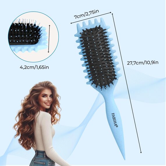 FABIHA® ???????????????????????????? Lockenbürste - Curly Hair Brush - Bio Haarbürste ohne ziepen - Wildschweinborsten Bürste - Die Originale 3-in-1-Stylingbürste für trendige Lockenfrisuren (Hellblau)