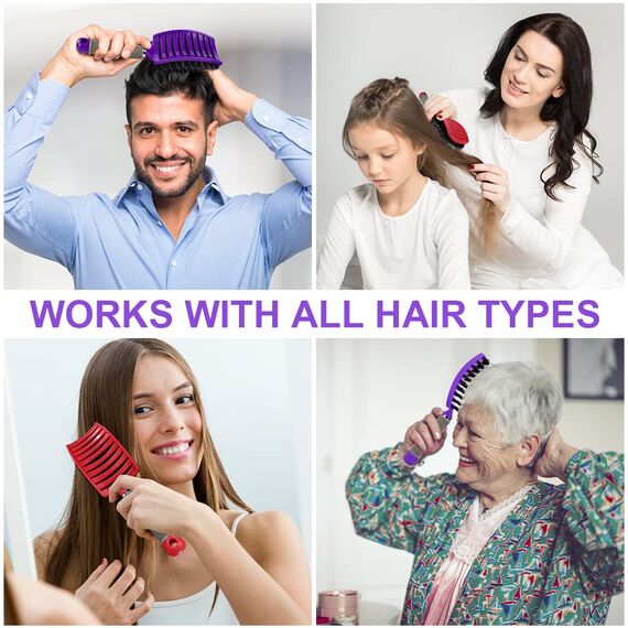 URAQT Haarbürste, Profi Entwirrungsbürste mit Griff, Haarbürste ohne Ziepen, Wildschweinborsten Haarstyling Bürste für Locken Lange Feine Dicke Lockige Haare (N-rot + lila)
