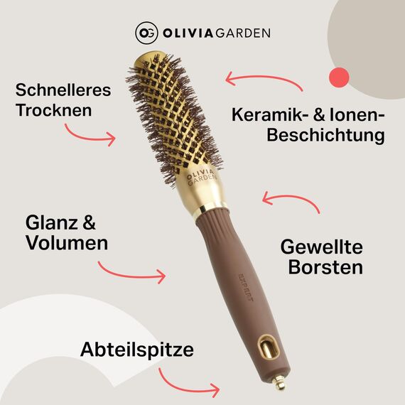 Olivia Garden Expert Blowout Shine – Gold & Braun - 25 - Runde, antistatische Keramikbürste für glänzende und frizzfreie Blowouts
